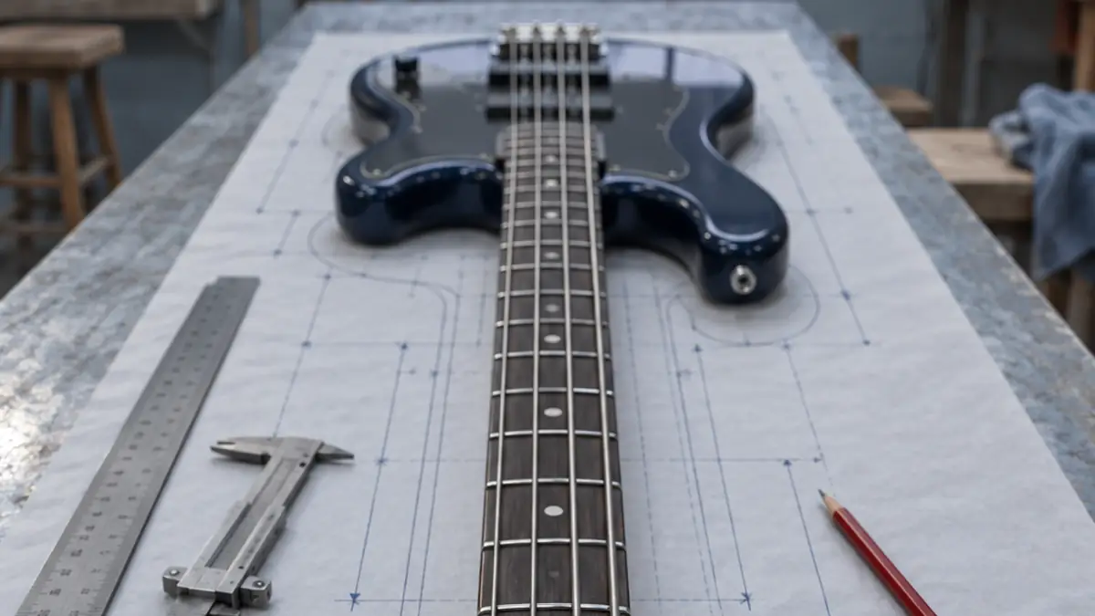 Plan de lutherie d'une basse électrique, cotes tracées à l'encre